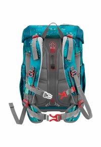 Teal backpack with gray straps and red accents. Features adjustable straps and buckles, padded back, and a patterned design with circular motifs.
