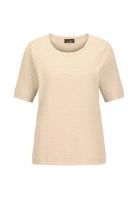 Texturiertes kurzärmliges beiges Strickoberteil mit rundem Ausschnitt und subtilen Punktemuster, innen am hinteren Kragen mit dem Etikett Goldner versehen.