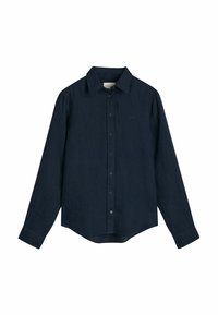 Chemise bleu marine foncé à manches longues avec boutons, col et poignets, design uni, ourlet légèrement arrondi, présentée sur fond blanc.