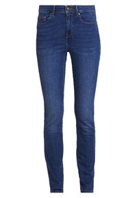 Vaqueros slim-fit de color azul oscuro, hechos de denim, con una cintura alta, costuras sutiles, diseño de cinco bolsillos y cierre frontal con botón.