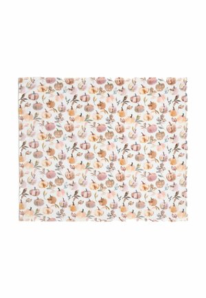 White fabric with a repeating pattern of small pumpkins and leaves in soft orange, brown, and pink watercolor style.