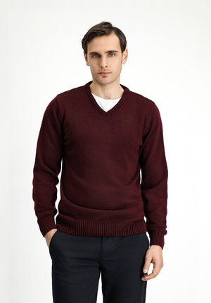 Burgunderfarbener V-Ausschnitt-Pullover aus strukturiertem Strickstoff, mit gerippten Bündchen und Saum. Getragen mit einem weißen Rundhalshemd darunter.