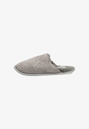 Zapatilla de tela ribeteada gris con parte trasera abierta y forro interior de pelaje suave, diseñada para uso en interiores.