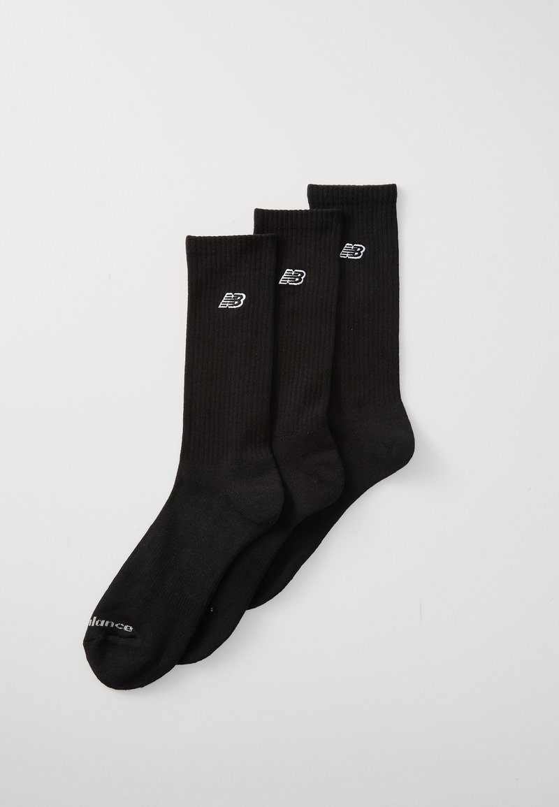 Drei Paar schwarze Baumwollsocken mit gerippter Textur, die ein weißes Logo nahe dem oberen Außenrand jeder Socke aufweisen.