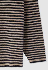 Maglione a righe con sottili strisce blu navy e beige, realizzato in tessuto morbido con una vestibilità comoda e una scollatura rotonda.