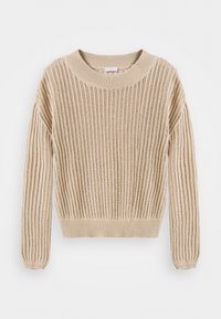 Béžový pletený svetr s žebrovanou texturou, kulatým výstřihem a dlouhými rukávy. Má přiléhavý lem a po celém svetr je vzor otevřeného pletení.