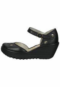 Black leather wedge sandal with cutout designs, an ankle strap featuring a buckle, and a textured rubber sole.