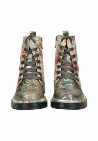 Colorful lace-up ankle boots with a patterned fabric upper, featuring black hardware, a solid black rubber sole, and decorative stitching.