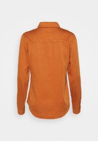Chemise à manches longues couleur rouille avec col, poignets boutonnés et coutures visibles sur le dos, présentée sur fond blanc.