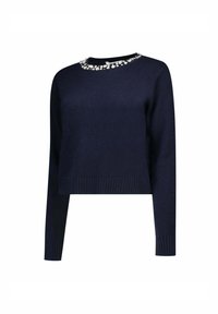 Pull court bleu marine avec des manches longues, ourlet et poignets côtelés, orné d'un col en perles. Fabriqué en matière tricot douce.