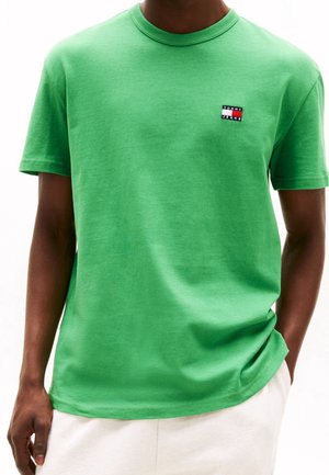 Groen katoenen T-shirt met een klassieke ronde hals. Heeft een klein, meerkleurig logo-label op de linkerborst en korte mouwen.