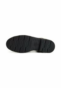 Black rubber shoe sole with a textured tread pattern and horizontal grooves, featuring a rounded shape and a flat design.