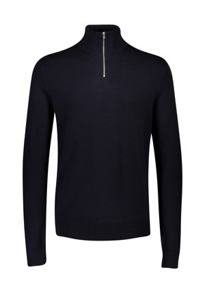 Schwarzer Pullover aus weichem Stoff, mit hohem Kragen und einem Halbreißverschluss vorne. Gerippte Bündchen und Saum. Einfaches Design und klassischer Schnitt.