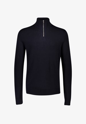 Zwarte pullover trui van zacht materiaal, met een hoge kraag en een half-rits aan de voorkant. Geribbelde manchetten en zoom. Eenvoudig ontwerp en klassieke pasvorm.