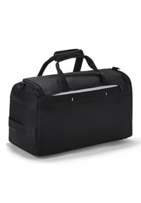 Black duffel bag with a rectangular shape, fabric material, dual top handles, and a zippered front pocket. Smooth texture with reinforced seams.
