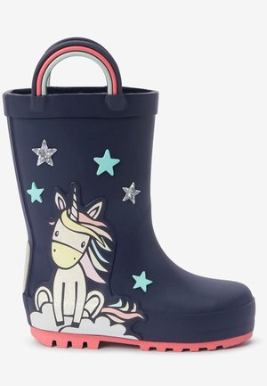 Botte de pluie bleu marine pour enfants avec semelle rose, poignées en forme d’arc-en-ciel, décorations licorne et étoiles.