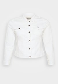 Vit denimjacka med långa ärmar, knappstängning framtill, två bröstfickor med klaff och knappar, samt krage.