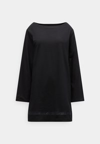 Črno top z dolgimi rokavi z ladijskim izrezom in ravnim krojem. Iz gladkega blaga, z nežnim pasom detajlom na spodnjem robu.