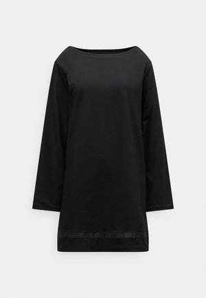 Must pikkade varrukatega topp paatkaelusega ja otse lõikega. Valmistatud siledast kangast, millel on peen lintdetail serval.