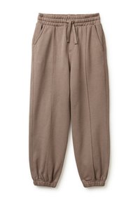 Bruine geweven sweats met een elastische tailleband, trekkoordsluiting en twee zijzakken. Fitte enkels met elastische boorden.