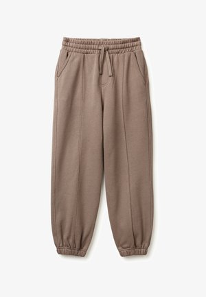 Pantalones de chándal tejidos en marrón con cintura elástica, cierre de cordón y dos bolsillos laterales. Tobillos ajustados con puños elásticos.