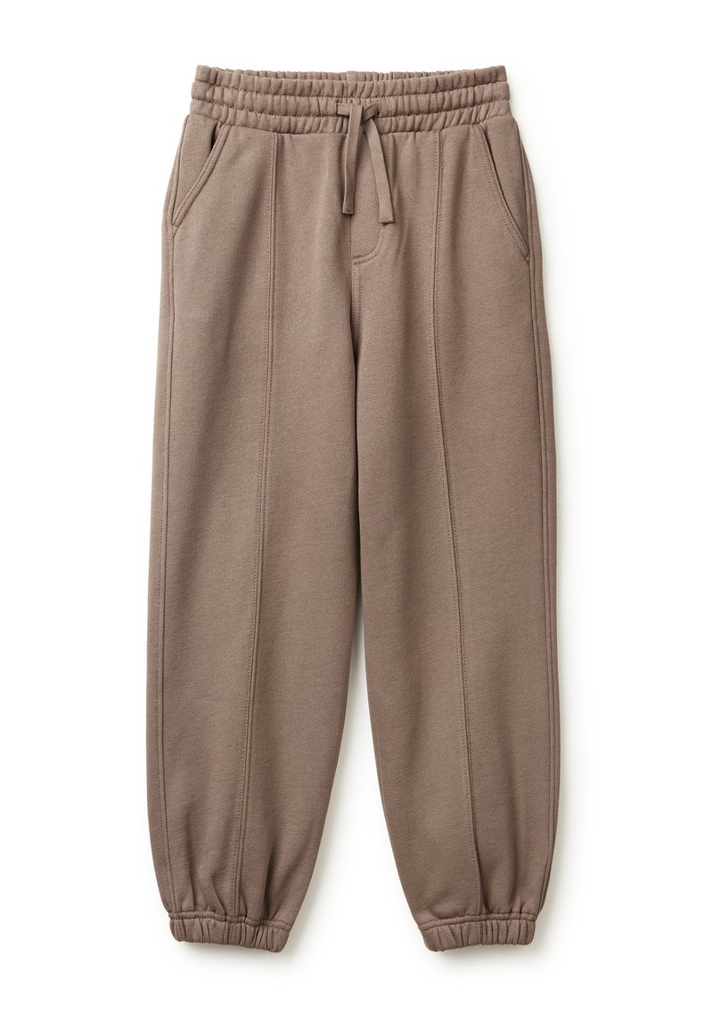 Bruine geweven sweats met een elastische tailleband, trekkoordsluiting en twee zijzakken. Fitte enkels met elastische boorden.