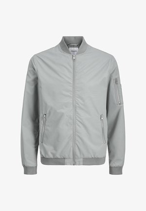 Light grey bomber jacket with a zip front, ribbed cuffs, and two side zip pockets; features a small arm pocket for added storage.