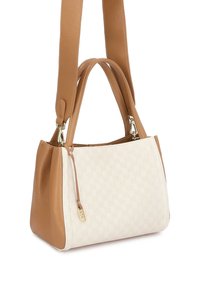 Rudos ir kreminės spalvos rankinė su struktūringa forma. Pagaminta iš odos, turi du rankenas ir reguliuojamą dirželį. Matomas iškilus logotipas ant paviršiaus.