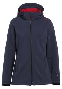 Navy blue hooded jacket with red fleece lining, front zipper, two side pockets, and adjustable hood drawstrings.