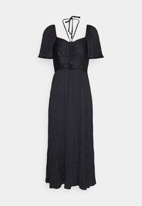 Μαύρο midi φόρεμα με φουσκωτά μανίκια, ραμμένο σώμα και υφασμάτινη φούστα. Διαθέτει κλείσιμο με κορδόνι στο πίσω μέρος και διακριτές κάθετες γραμμές.