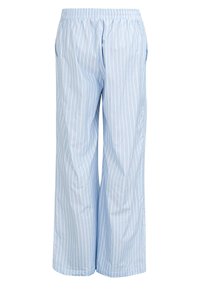 Helle blaue, weit geschnittene Hose mit weißen vertikalen Streifen, elastischem Bund und seitlichen Taschen; aus weichem, leichtem Stoff gefertigt.