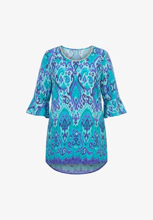 Sininen ja sinivihreäkuvioinen pitkähihainen paita, pyöreällä pääntiellä ja levenevillä kalvosimilla, jossa abstrakti koristeellinen kuvio.