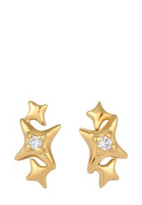 Ohrringe in Form von goldenen Sternen mit einer strukturierten Oberfläche, die kleine eingearbeitete klare Kristalle für zusätzliche Details aufweisen.