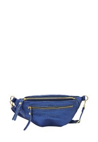 Banane en cuir bleu avec deux compartiments zippés, quincaillerie dorée, sangle réglable et une texture lisse et brillante.