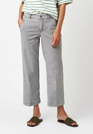 Gray, wide-leg pants made of soft fabric with front pockets and subtle stitching details, paired with textured black slide sandals.