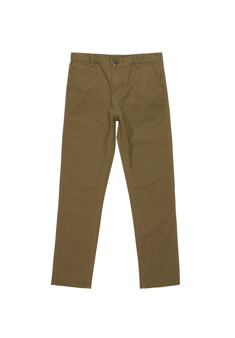 Pantalon chino vert olive, avec une fermeture à bouton, des passants de ceinture, quatre poches et une coupe droite en coton.