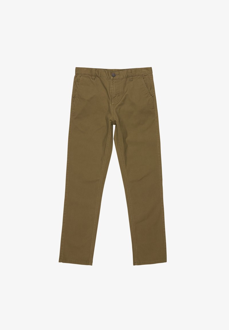 Pantaloni chino in verde oliva, con chiusura a bottone, passanti per cintura, quattro tasche e design a gamba dritta realizzati in materiale di cotone.