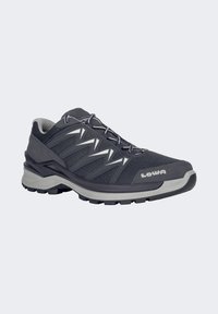 Heren laaggesneden wandelschoenen, donkergrijs gaas en suède bovenwerk, zilveren accenten, vetersluiting, gewatteerde grijze tussenzool, robuuste zwarte buitenzool.