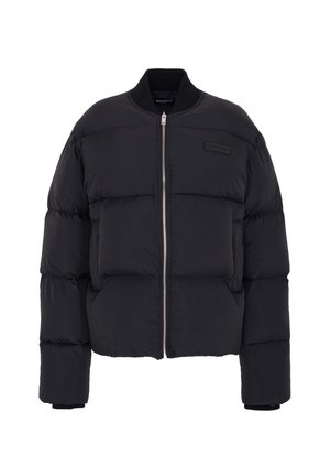 Black puffer jacket with a cropped design, thick quilted pattern, ribbed cuffs, and a zip front closure. Features a branded patch on the chest.