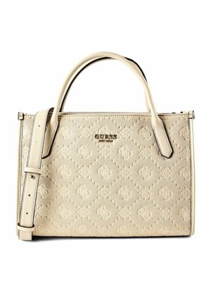Sac à main beige Guess avec motif logo en relief, doubles poignées, bandoulière réglable et logo Guess doré sur le devant.