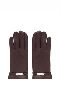 Brązowe skórzane rękawiczki z pięcioma palcami, ozdobione srebrnymi akcentami przy mankiecie, o gładkiej, miękkiej fakturze.