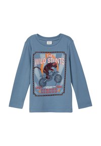 Blauw katoenen t-shirt met lange mouwen, met een print van een tijger op een motorfiets, vergezeld van circus-thema tekst en accenten in oranje en wit.