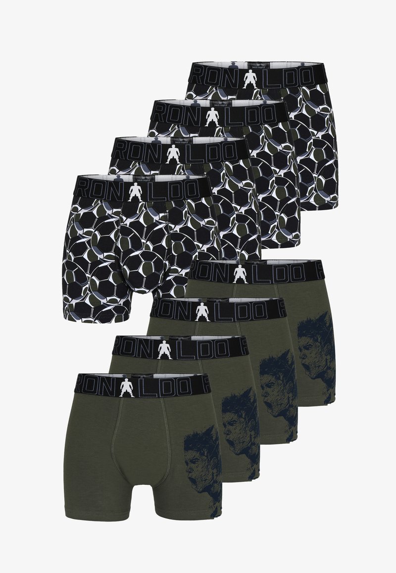 Sæt af otte boxer shorts med et sort-hvidt fodboldmønster og ensfarvet grøn med et grafisk billede, alle med en sort elastisk talje.
