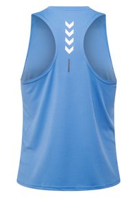 Blue tank top with a smooth texture, featuring a back design with white chevrons and a vertical line. Sleeveless with a round neckline.