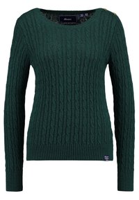 Suéter verde de punto con cable, con cuello redondo, mangas largas, puños y dobladillo acanalados, con tres botones decorativos de tono dorado en el hombro.