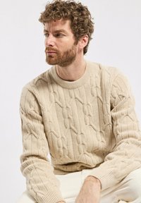 Maglione beige a maglia con un motivo a catena testurizzato, scollatura e polsini a coste. Il modello indossa pantaloni chiari, posando contro uno sfondo semplice.