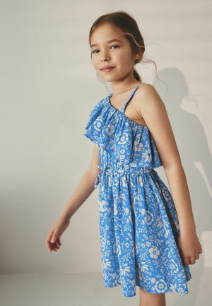 Blaues Blumenkleid mit weißen Mustern, gerafftem Schulterbereich, elastischem Bund und Spaghettiträgern. Leichter Stoff mit fließendem Design.