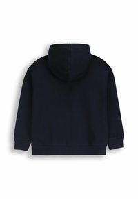 Ciemnoniebieska bluza z kapturem, z dużym kapturem, ściągaczami przy mankietach i u dołu. Gładka tekstura z prostym wzorem, bez widocznych logo czy akcentów.