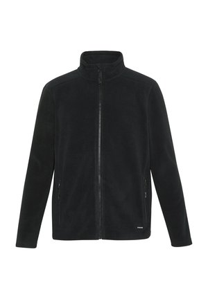 Black fleece jacket with a high collar, full zipper, and two side pockets. Smooth texture and minimalist design. Reinforced seams.