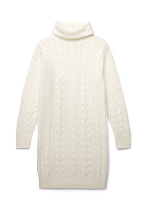Abito maglione bianco a collo alto, con un motivo a treccia testurizzato e maniche lunghe, rifinito con polsini a coste.